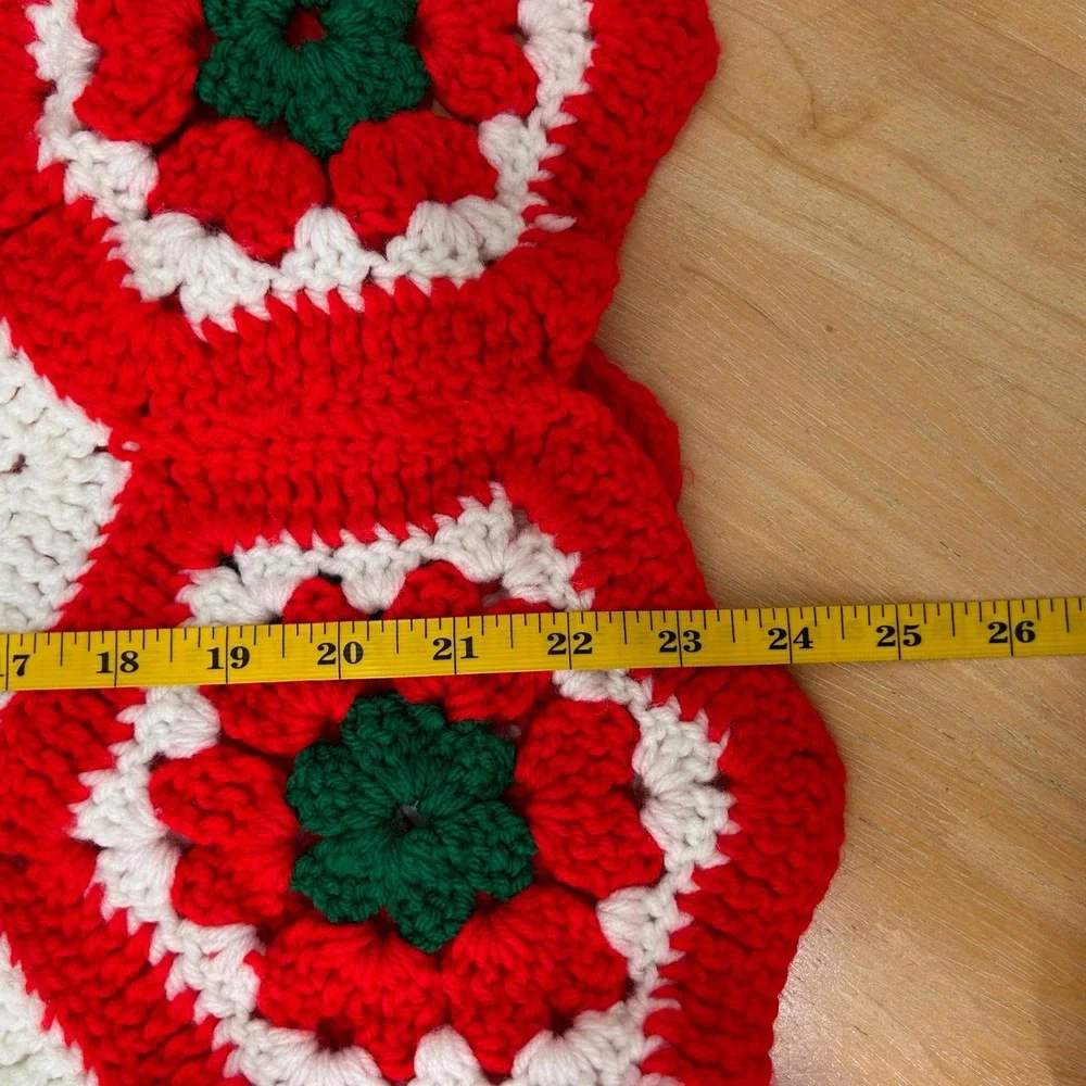 Handmade Crocheted Christmas‎ Tree Skirt Red White Green Floral Hexagon Granny